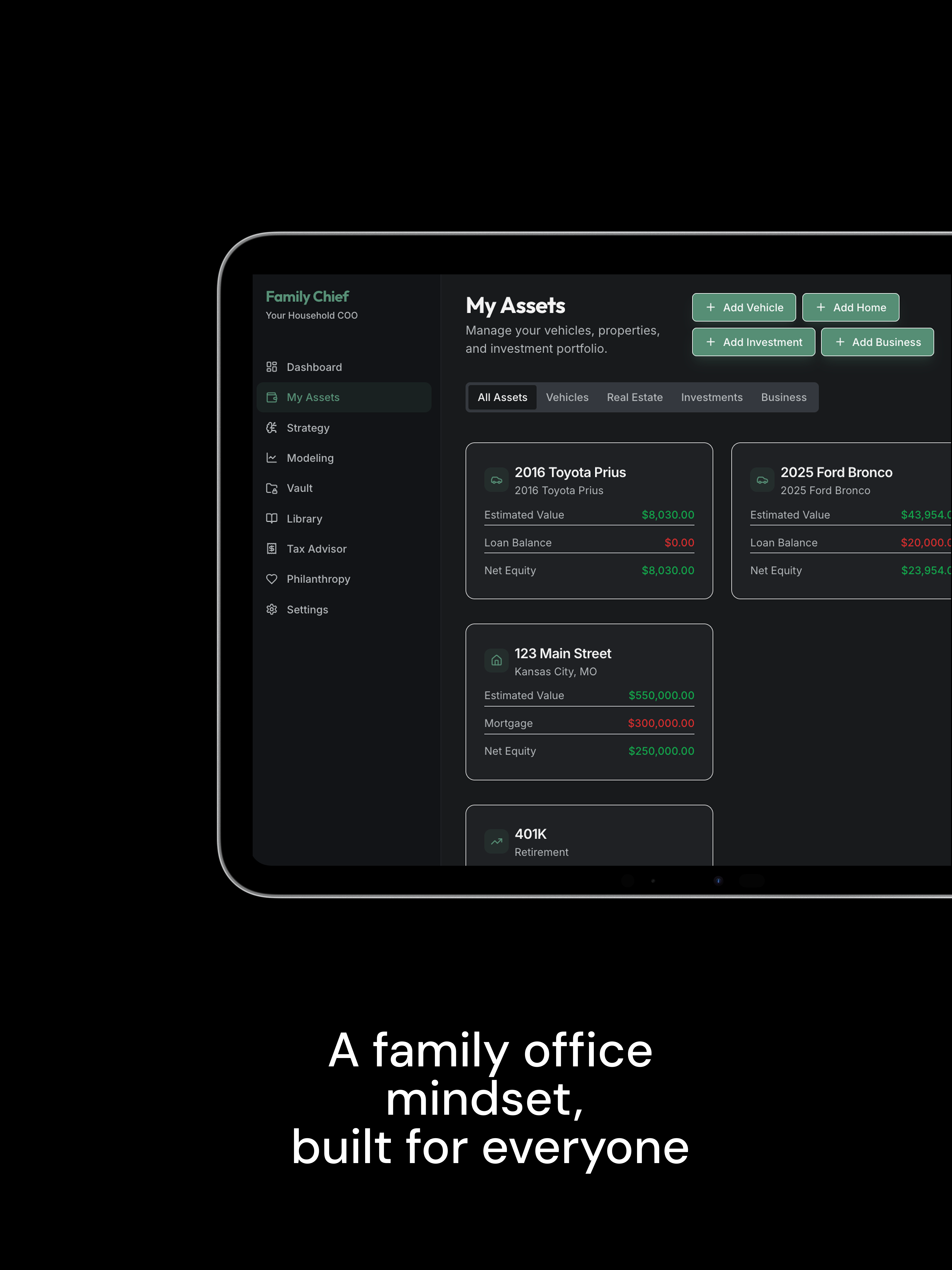 Family Chief on iPad - Asset management with sidebar navigation